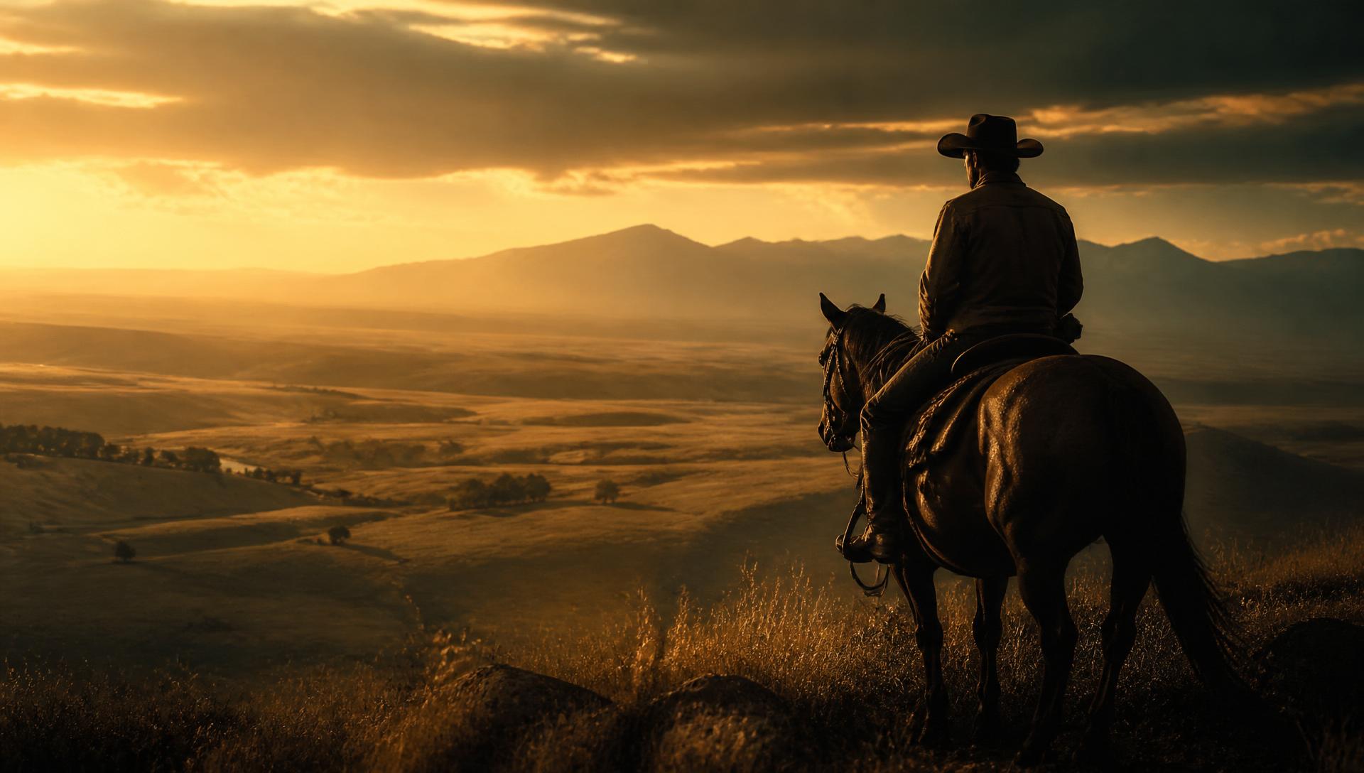Cavaleiro ao entardecer no rancho